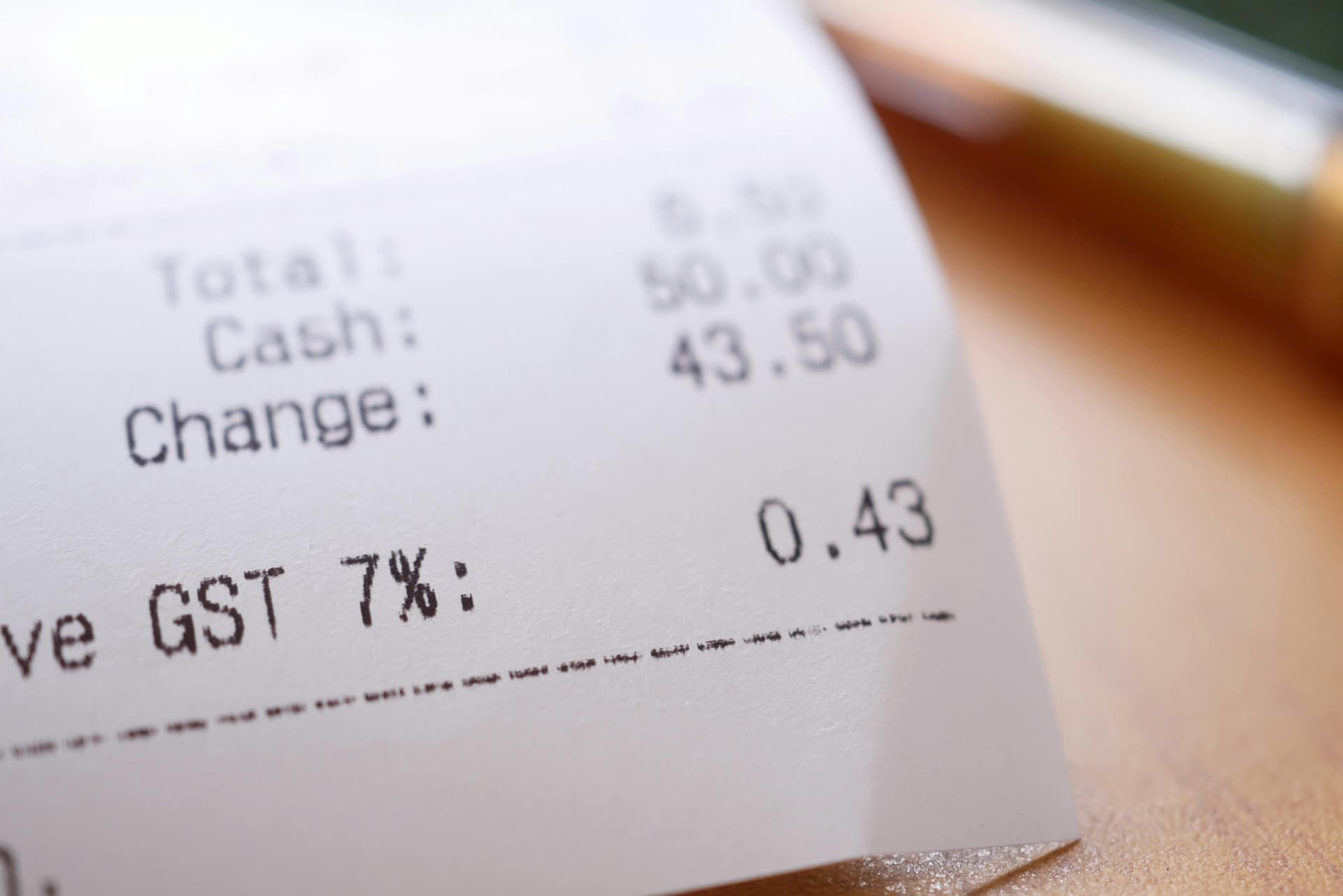 GST amount highlighted on a retail receipt, indicating tax applied to the total purchase.